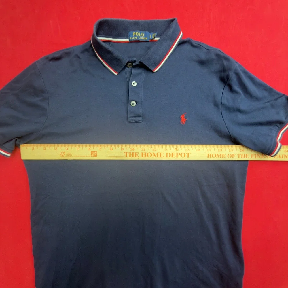 VTG Polo Ralph Lauren Mens Navy Blue Striped Trim Polo Shirt Red Pony Logo Large
